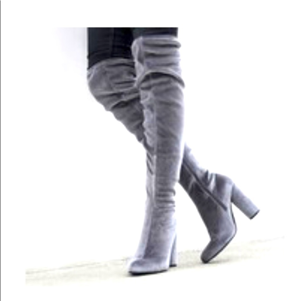 Over-the-Knee Suede Block Heel Boots in Gray